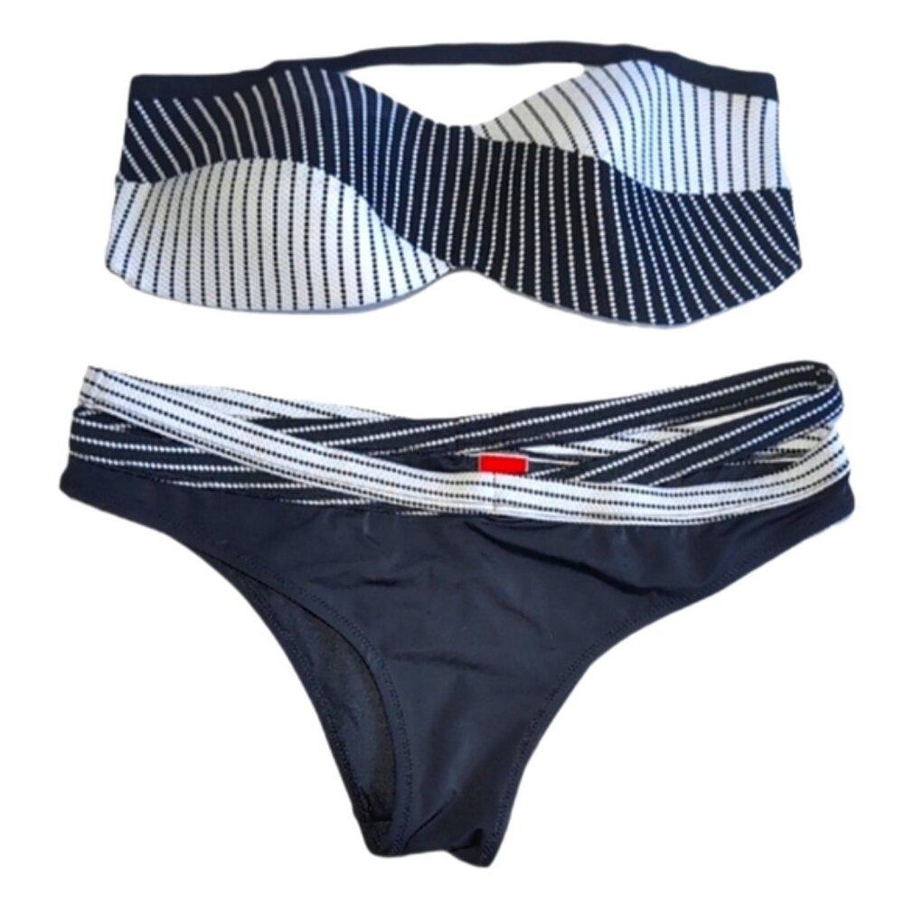 Yamamay Striped Bikini Set 36B Strapless 2pc Black White Crossover Split Waist